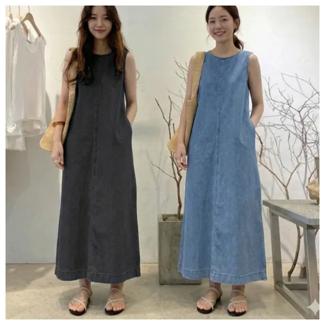 【ASister 小姊姊】AS0579#牛仔洋裝☆*無袖圓領純色*中大尺碼修身顯瘦側口袋長版牛仔連身裙(3色_S-5XL)