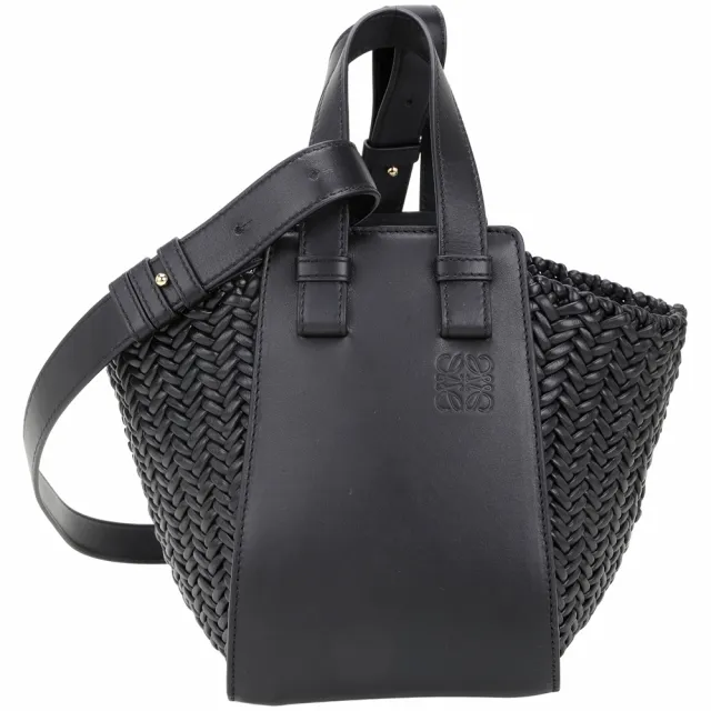 【LOEWE 羅威】Hammock 小巧款 多揹法編織羊皮拼接小牛皮手提 斜背吊床包-黑色