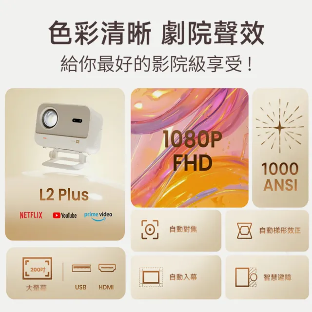 【YABER】L2 Plus 雲台智能投影機 1080P 1000ANSI JBL喇叭 自動對焦 避障 無線投影 房間 露營