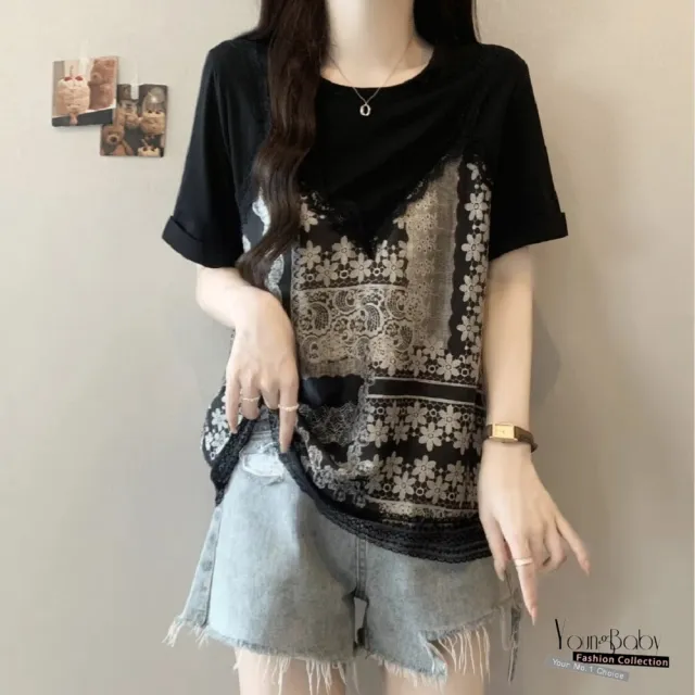 【YOUNGBABY】花卉拼接蕾絲造型假兩件式上衣 中大尺碼女裝