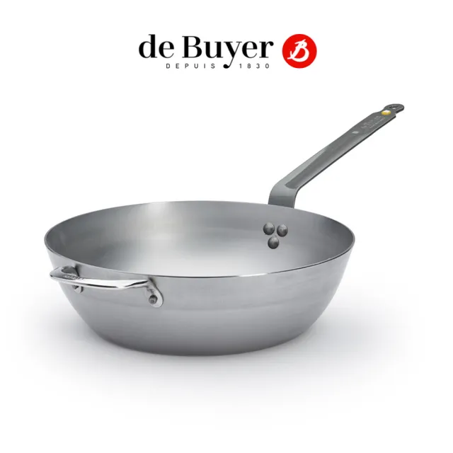 【de Buyer 畢耶】原礦蜂蠟鐵鍋 傳統單柄單耳深煎炒鍋32cm-適用IH爐(附握耳)