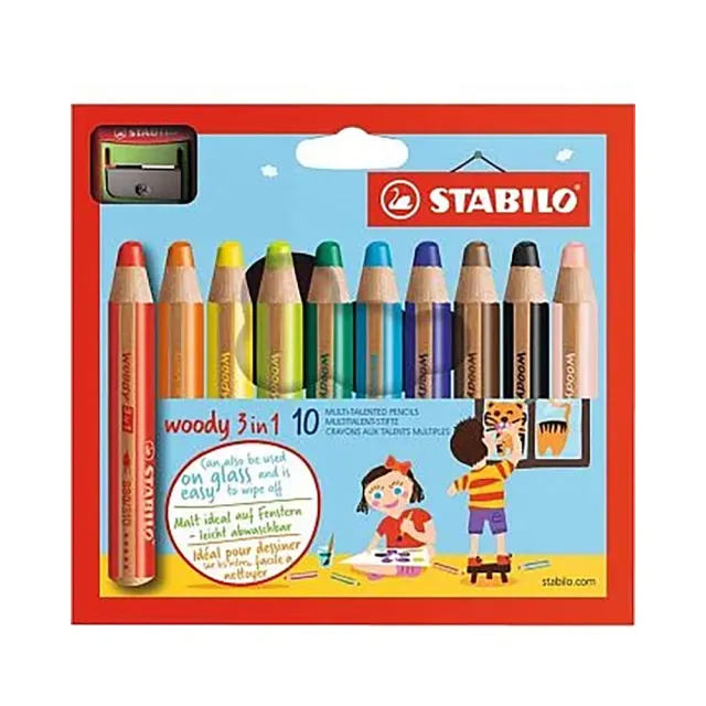 【STABILO】德國 思筆樂 woody 3 in 1 伍迪樂三合一可水洗水彩粉蠟筆 附削筆器 10支組/盒 ST880/10-2