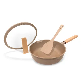 【Taste Plus】悅味元麥 瑞士科技 陶土內外不沾鍋 平底炒鍋 24cm IH爐可用鍋(贈瀝水鍋蓋+木鏟)