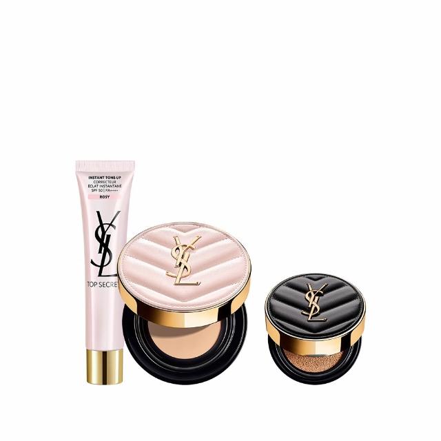 YSL Saint Laurent 超模光感無瑕底妝組，結合高遮瑕力與自然光澤，打造完美無瑕肌膚。內含粉底液、遮瑕膏、散粉與定妝噴霧，適合日常與特殊場合使用，輕盈貼膚不厚重，持妝時間長，膚質透亮有光感，是追求高階底妝的必備組合。