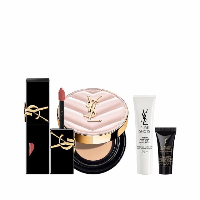 【YSL】官方直營 超模光感鎖心彩妝組(超模光感精華水氣墊+奢華印記鎖心光唇釉)