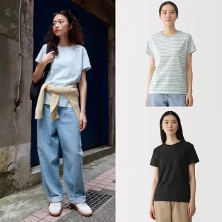 【MUJI 無印良品】女天竺圓領短袖T恤(白色/灰色/黑色/淺橘/黑橫紋/黑紋樣/煙燻藍紋樣/橘橫紋/淺藍)