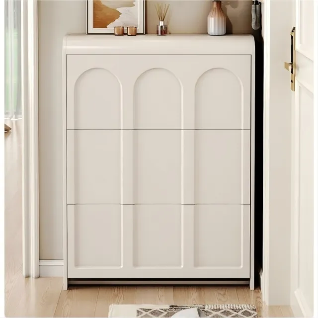 奶油風法式翻鬥鞋櫃（80x17x112cm 白色 E1 級環保板材 超薄收納）