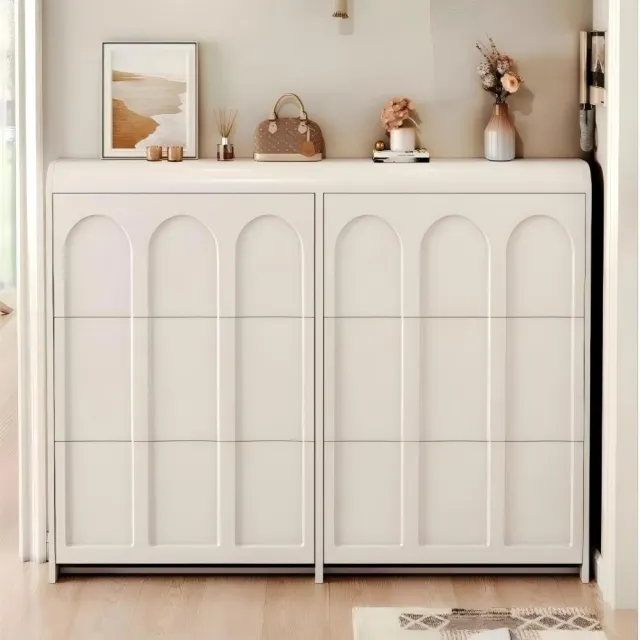 奶油風法式翻鬥鞋櫃（120x17x112cm 白色 E1 級環保板材 超薄收納）