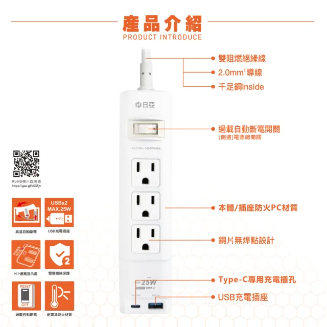 日亞 C-26P25N 1開3插3P PD25W 智慧快充延長線 1.8M