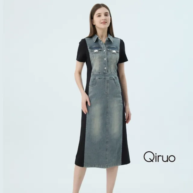 【Qiruo 奇若名品】牛仔雙布料拼接 襯衫領排釦短袖休閒洋裝2538F