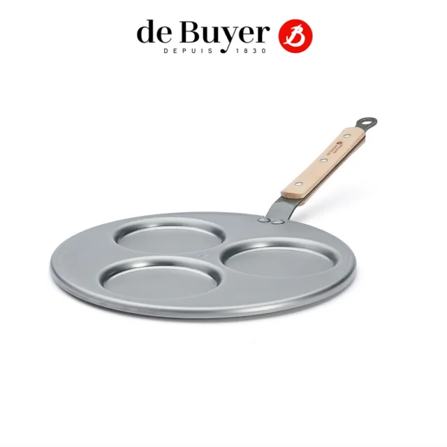 【de Buyer 畢耶】原礦木柄蜂蠟系列 單柄3格鬆餅鍋27cm/鐵鍋-適用IH爐