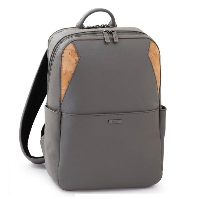 【Alviero Martini】義大利地圖包 小牛皮14吋筆電拉鍊後背包37cm-大象灰