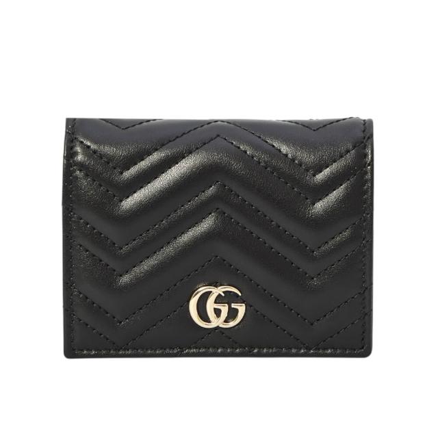【GUCCI 古馳】GG Marmont 經典金屬雙G 牛皮 卡夾 皮夾 短夾 零錢包 黑色 466492
