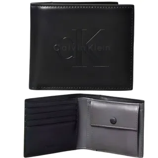 【CALVIN KLEIN】大CK壓印LOGO零錢袋簡約皮革短夾 禮盒組-帥氣黑(ck 黑色 男夾 男皮夾 男皮包 男女通用)