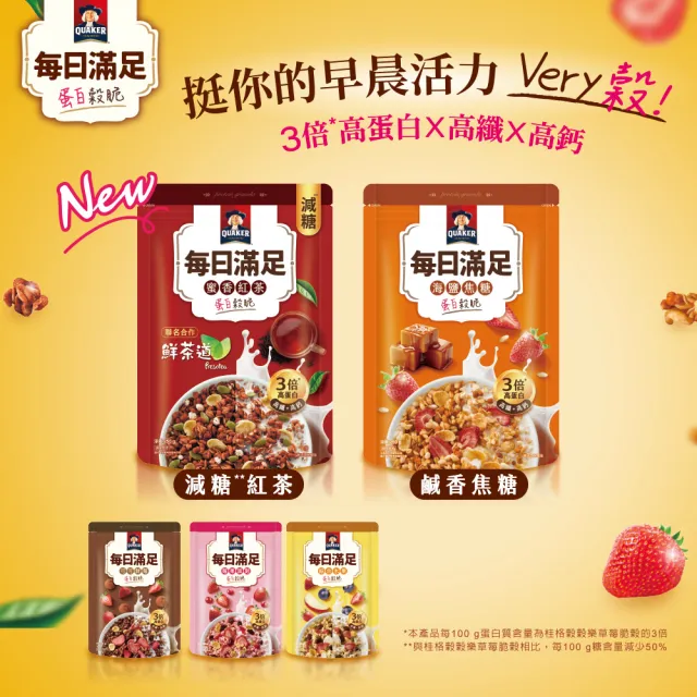 【QUAKER 桂格】每日滿足蛋白穀脆250g/袋-口味任選(蜜香紅茶/海鹽焦糖/莓果派對/綜合水果/可可鮮莓)