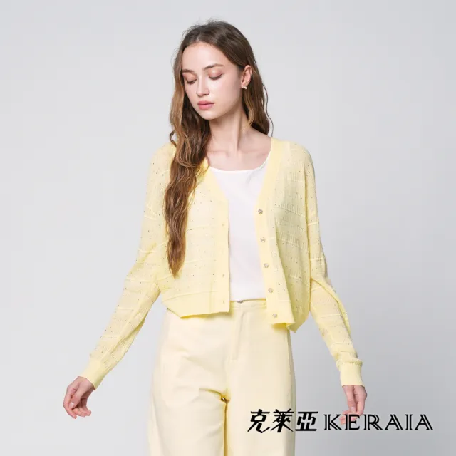 【KERAIA 克萊亞】魅力價-檸夏流螢亞麻細鑽針織罩衫