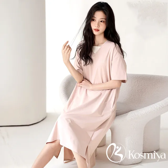 【Kosmiya】1件 帶胸墊 莫代爾 溫柔甜心短袖睡裙/女睡衣/居家服/連身洋裝/洋裝(3色可選/均碼/加大碼)