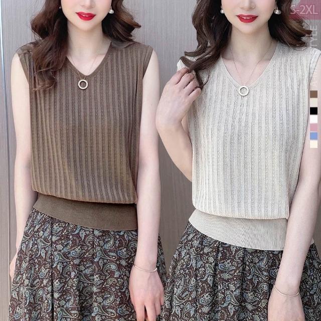 【Amay Style 艾美時尚】中大尺碼女裝 無袖 上衣 百搭顯瘦薄款V領針織衫背心。S-2XL(7色.預購)