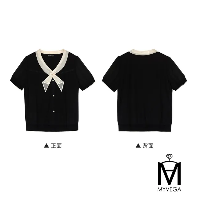 【MYVEGA 麥雪爾】MA優雅撞色領結愛心鑽釦針織上衣-黑(女上衣/短袖上衣/針織衣)