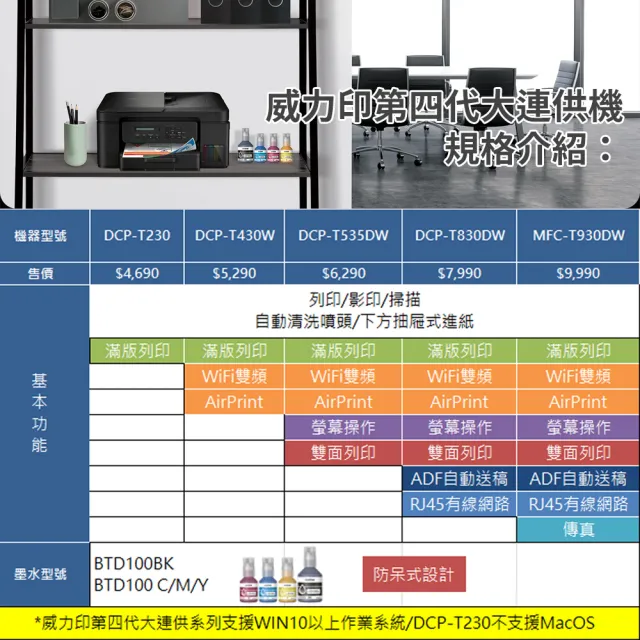 【brother】官方直營 DCP-T430W第四代威力印連續供墨無線四合一噴墨複合機(列印/複印/掃描/WIFI/取代T420W)