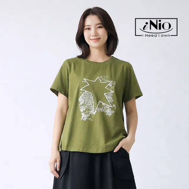 【iNio 衣著美學】立體星型繡紋短袖上衣 撞色設計 異材質拼接 前短後長剪裁 圓領棉T  CHW1043