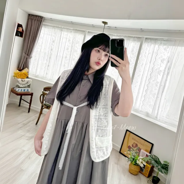 【Want-Meow】90公斤可穿/大胸可日系精緻蕾絲背心多層次穿搭綁帶背心(大碼上衣/大碼/大尺碼/背心)