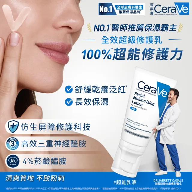 【CeraVe 適樂膚】極簡養膚清爽全配組★全效清爽修護防曬乳SPF50+全效超級修護乳+全效極潤修護精華水