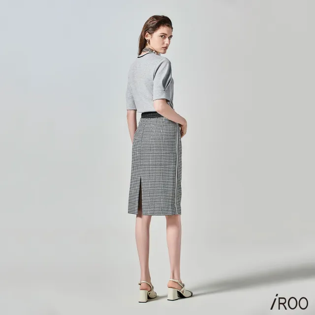 【iROO】經典黑白千鳥中長窄裙