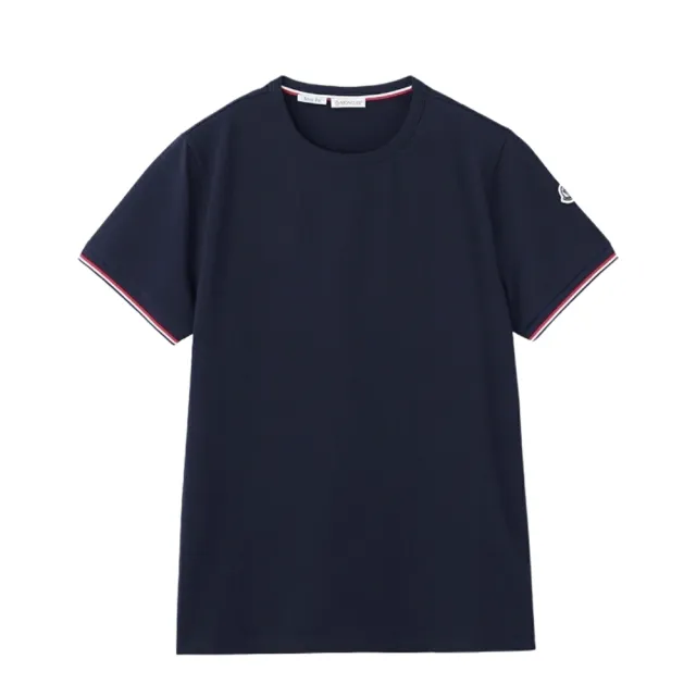 【MONCLER】經典LOGO 深藍 織帶邊飾短袖T恤 (彈性合身)