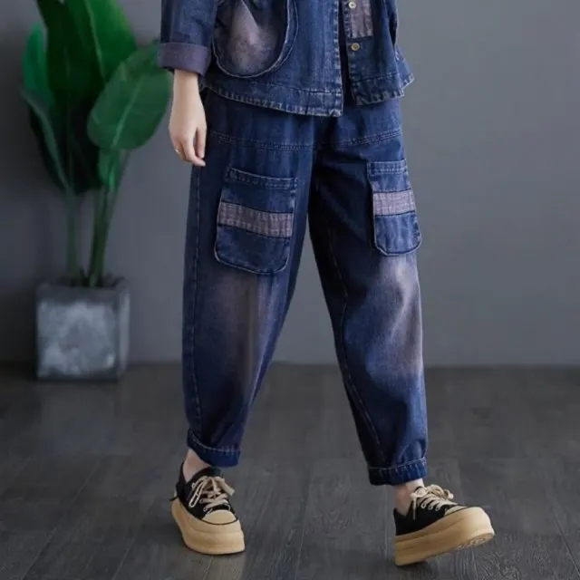 【巴黎精品】極速出貨 高腰牛仔褲長褲大碼寬褲直筒褲裙工裝褲彎刀褲落地(卡通貼布口袋哈倫女褲子5款a1jc11)