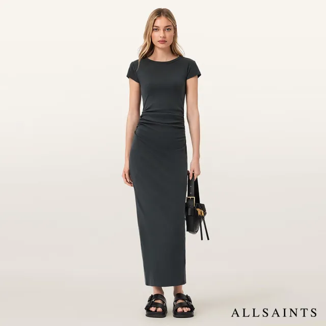 【ALLSAINTS】KATARINA 彈性抽皺開岔長洋裝-灰藍 W386DC(修身版型)