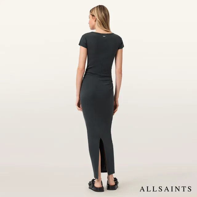 【ALLSAINTS】KATARINA 彈性抽皺開岔長洋裝-灰藍 W386DC(修身版型)