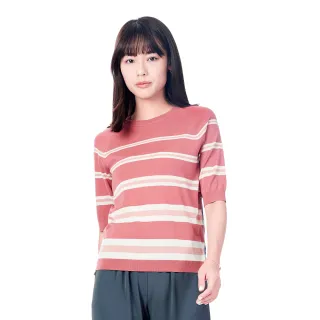 【KeyWear 奇威名品】舒適休閒條紋五分袖針織上衣