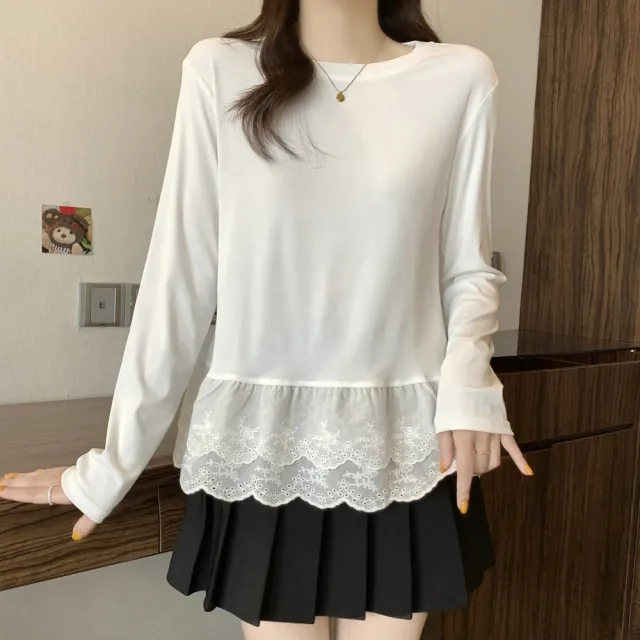 【AKARA】拼接蕾絲裙擺腰身長袖上衣 女裝 中大尺碼 S-2XL