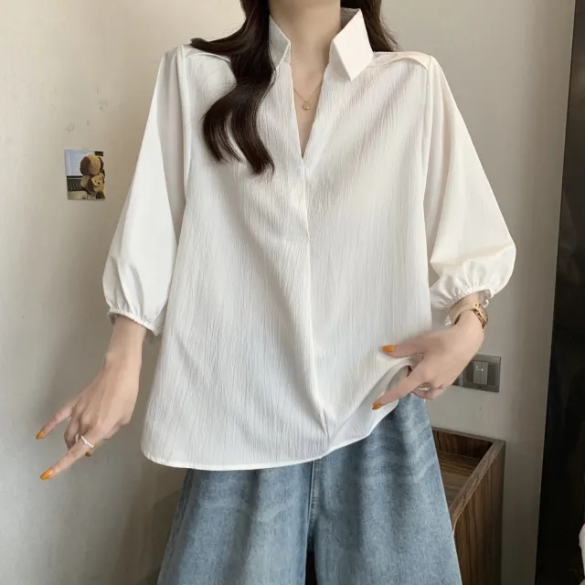 【AKARA】韓系冰絲涼感雪紡V領五分袖寬版上衣 女裝 中大尺碼 S-2XL