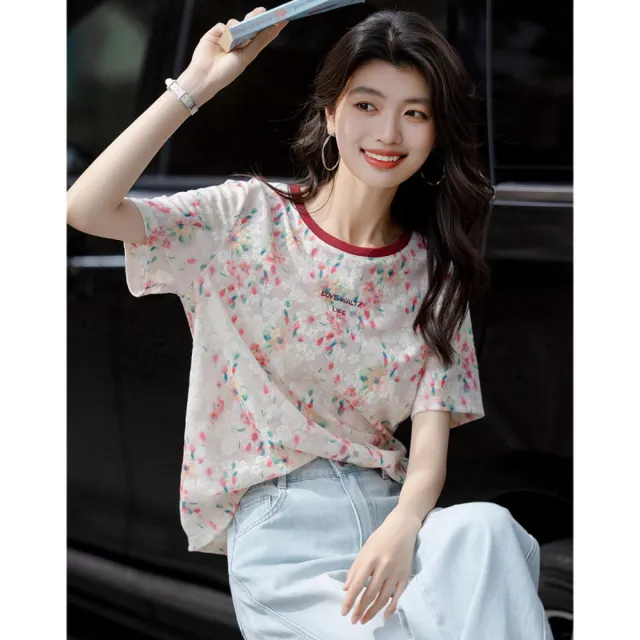 【ALLK 歐楷】新品上架 配色印花造型上衣 米白色 尺寸L-XXL/中大尺碼/涼爽/透氣