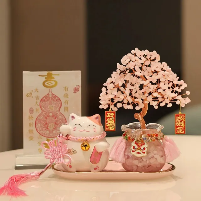 招財貓水晶樹套組水晶招財樹擺飾招財吉祥物發財樹辦公室擺設開運物客廳