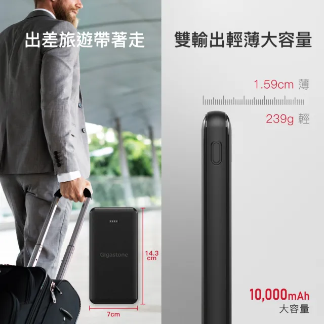 【Gigastone 立達國際】10000mAh雙孔行動電源 PB-7122(黑/白)+USB-A to Lightning編織線組