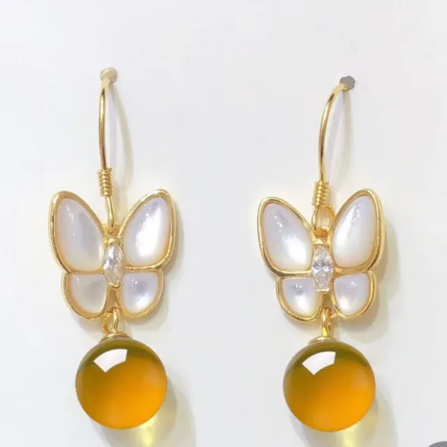 【勝弘珠寶】多明尼加藍珀白貝蝴蝶耳環-8mm