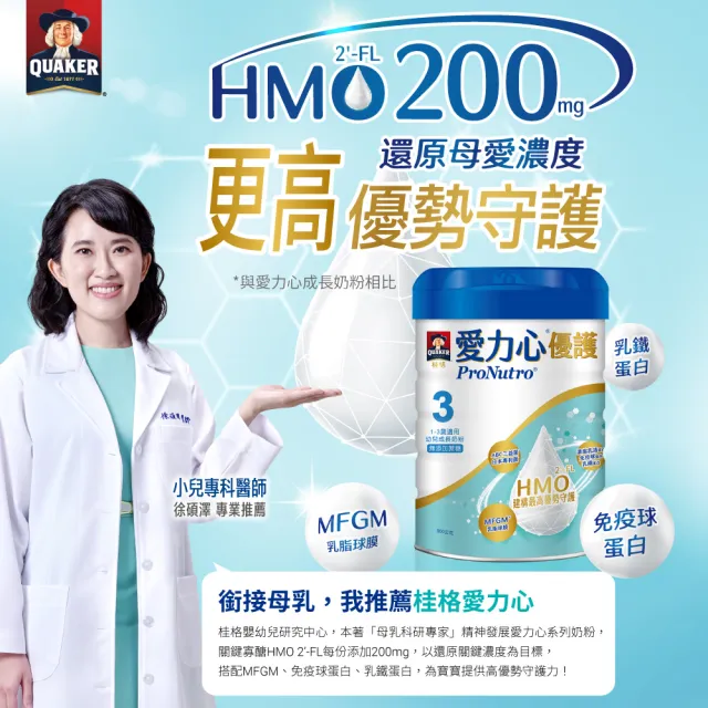 【QUAKER 桂格】愛力心優護幼兒成長奶粉800g*1罐(3號 1-3歲幼兒適用 無添加蔗糖)