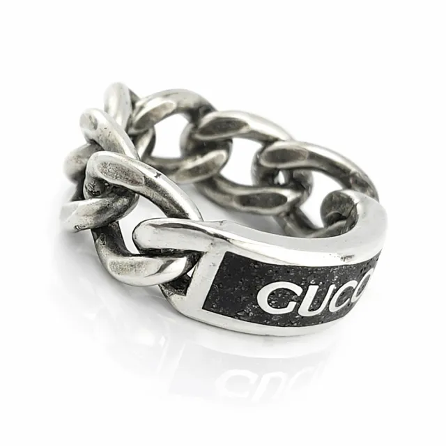 【GUCCI 古馳】台灣現貨-復古925純銀-黑色大理石紋琺瑯吊牌旋轉鍊帶戒指(展示品)