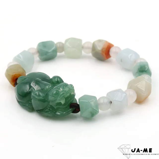 【JA-ME】天然A貨翡翠 滿綠貔貅多寶切面手珠