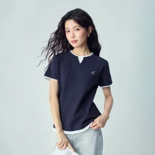 【GIORDANO 佐丹奴】女裝假兩件撞色刺繡圓領短袖T恤(多色任選)