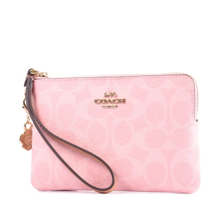 【COACH】緹花LOGO防刮皮革手拿包-粉/附掛飾