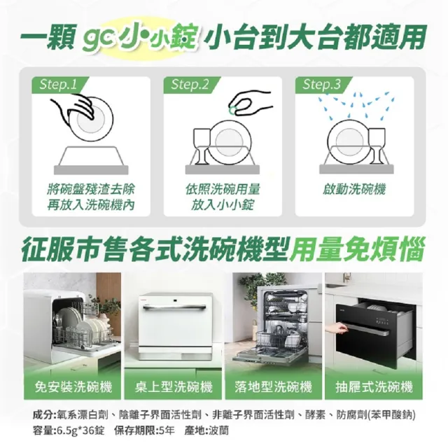 【gc clean】洗碗機專用洗碗錠36錠x5入(小錠設計/無色素/無香精/防潮鋁膜包裝)