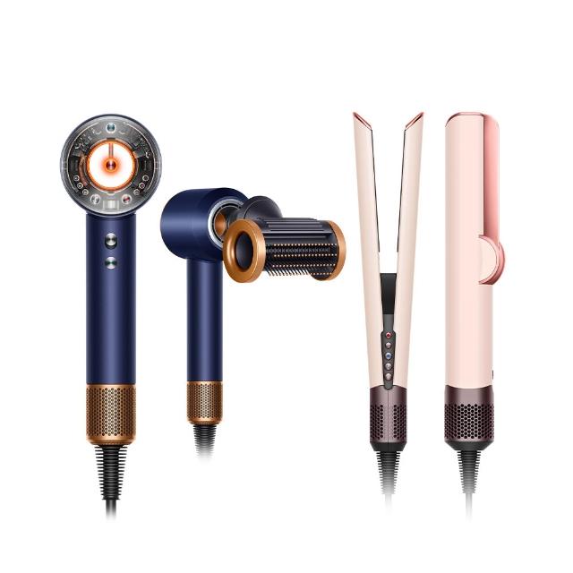 【dyson 戴森】HT01 二合一吹風直髮器 (粉霧玫瑰色) + HD16 吹風機 溫控 負離子(普魯士藍限定色) (超值組)