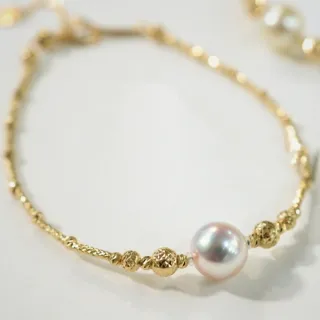 月輝珠寶 18K金 8-8.5mm 日本 Akoya 海水珍珠手鍊 菠蘿閃珠系列 粉白色 香檳金色 可調節設計