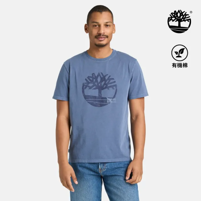 【Timberland】男款藍色LOGO短袖T恤(A42RFEYO)