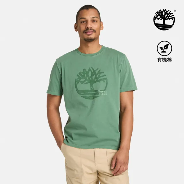 【Timberland】男款綠色LOGO短袖T恤(A42RFA6Z)