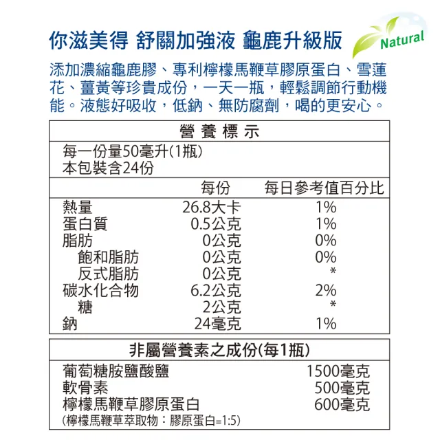 【Nutrimate 你滋美得】舒關加強液 龜鹿升級版 葡萄糖胺飲6入組(共144瓶、龜鹿膠、雪蓮花)